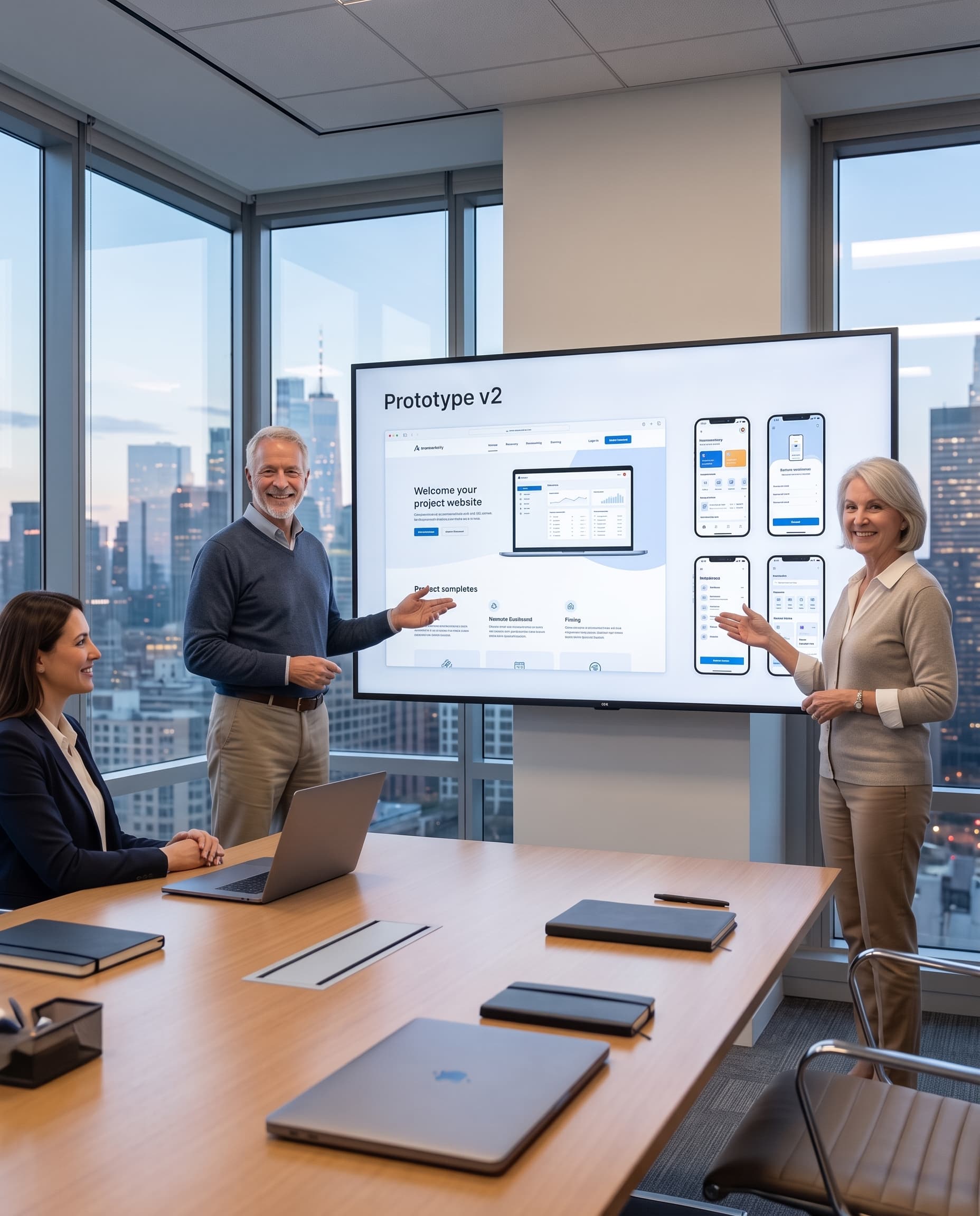 Two Ascendedly consultants presenting a website and mobile app prototype to a client in a meeting room