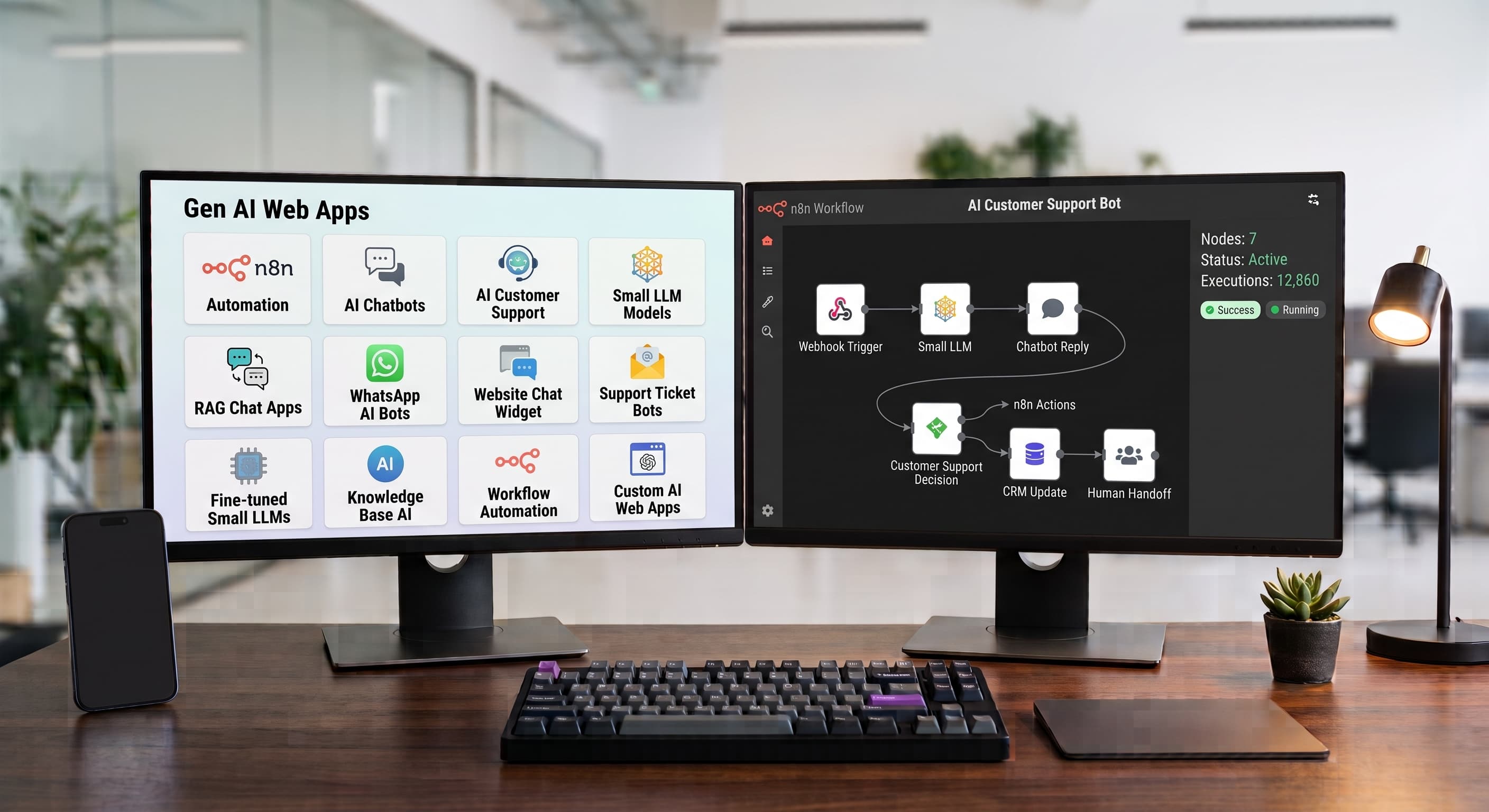 Gen AI web apps board beside an n8n-style automation workflow for chatbots and customer support