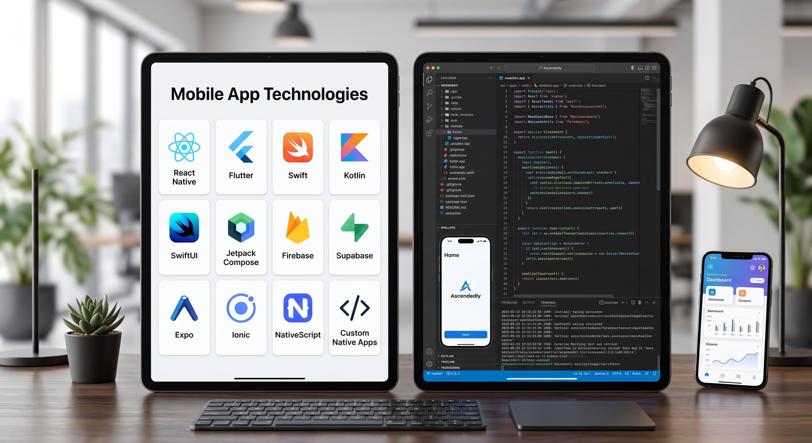 Mobile devices showing app technology platforms and a mobile development coding environment