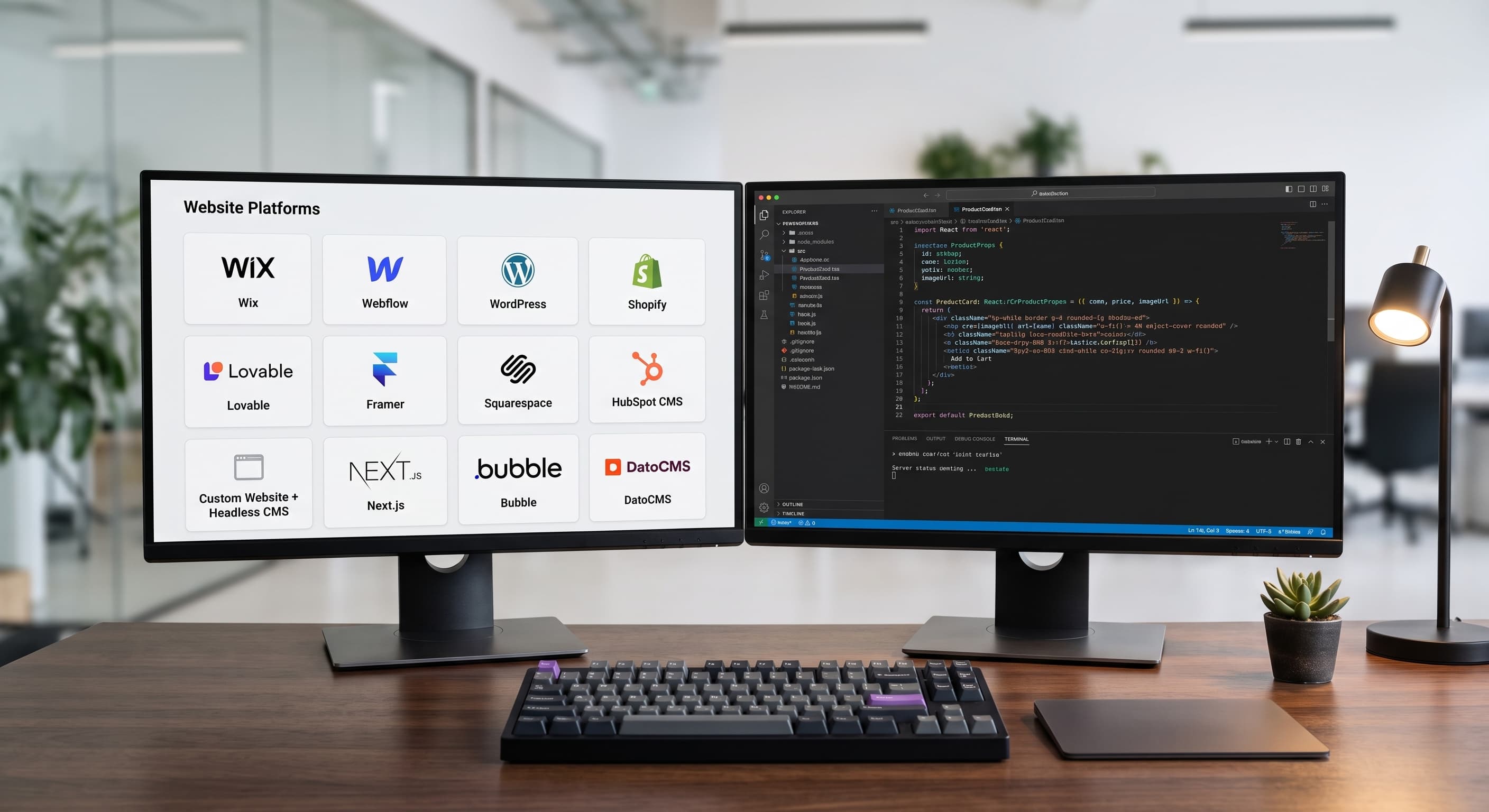 Dual-monitor web development desk with website platform logos and a dark code editor