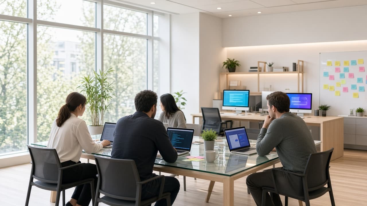 Ascendedly team collaborating on laptops around a glass table in a bright open office