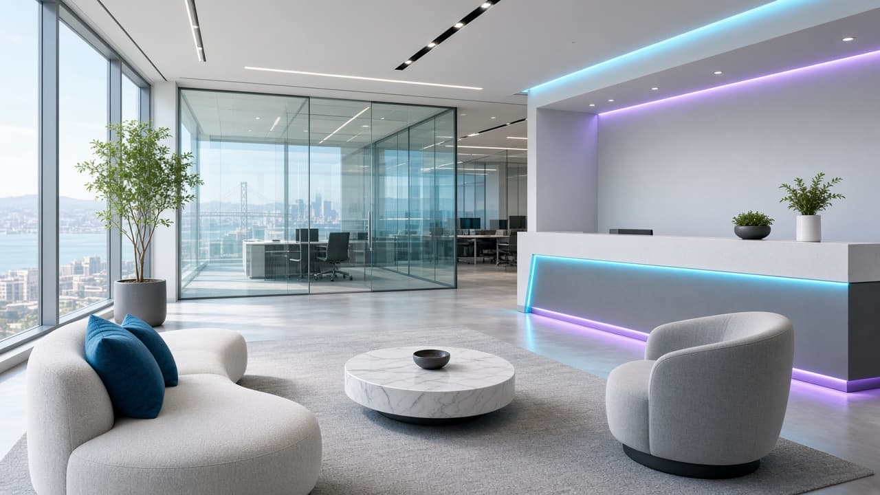 Ascendedly office reception lounge with cyan and purple LED accents overlooking a harbor city